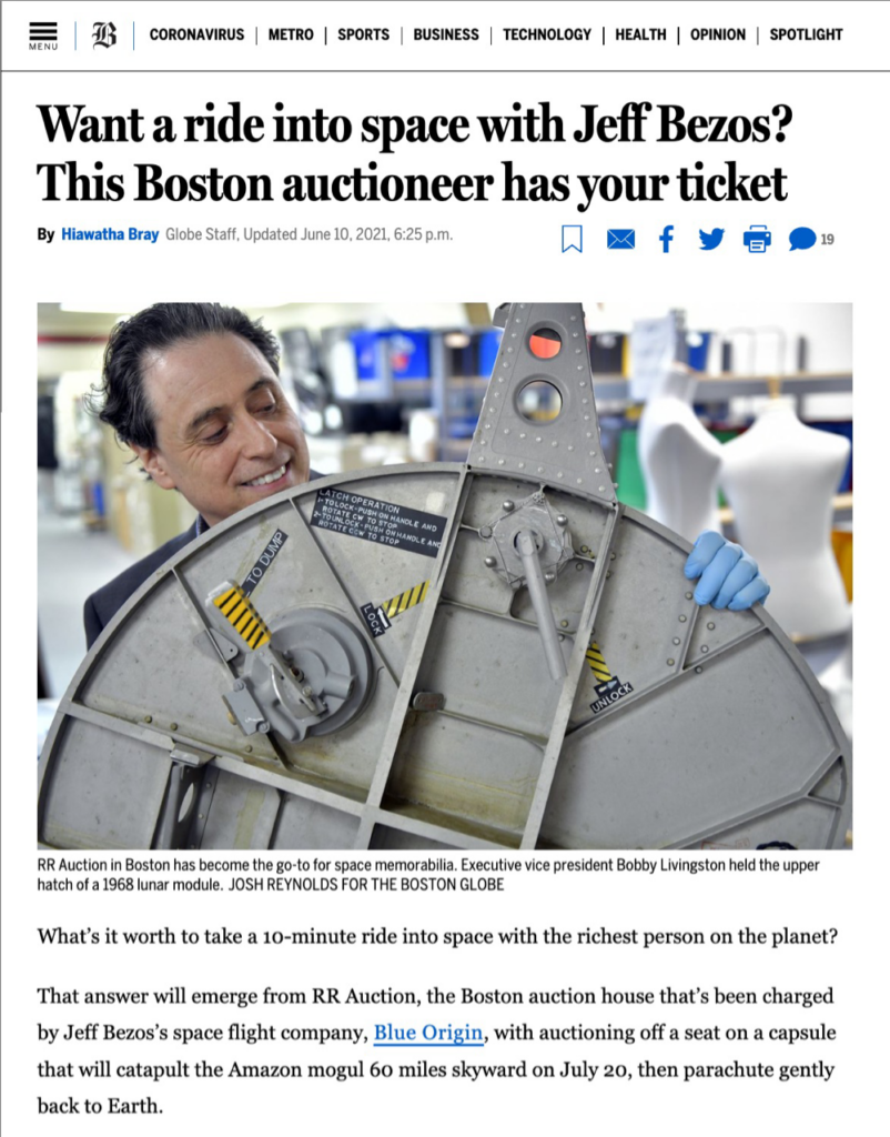 Bostonglobe.com news article featuring Bobby Livingston, 
EVP of RR Auction regarding the Blue Origin auction