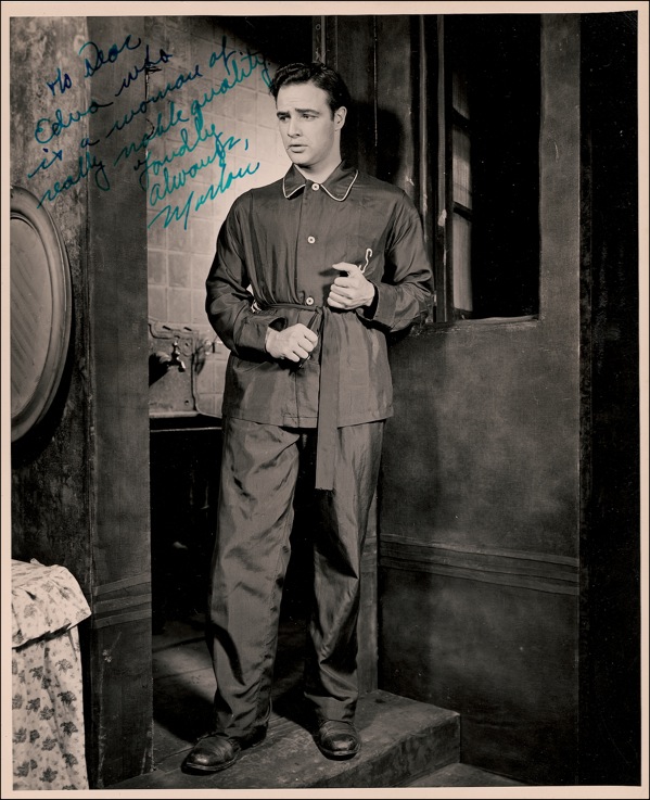 Young Marlon Brando in an early photo from the Broadway production of A Streetcar Named Desire. Signed with a fountain pen it reads, "To Dear Edna who is a woman of really noble quality, Fondly always, Marlon." This photo sold at auction in 2008 for $1,310.