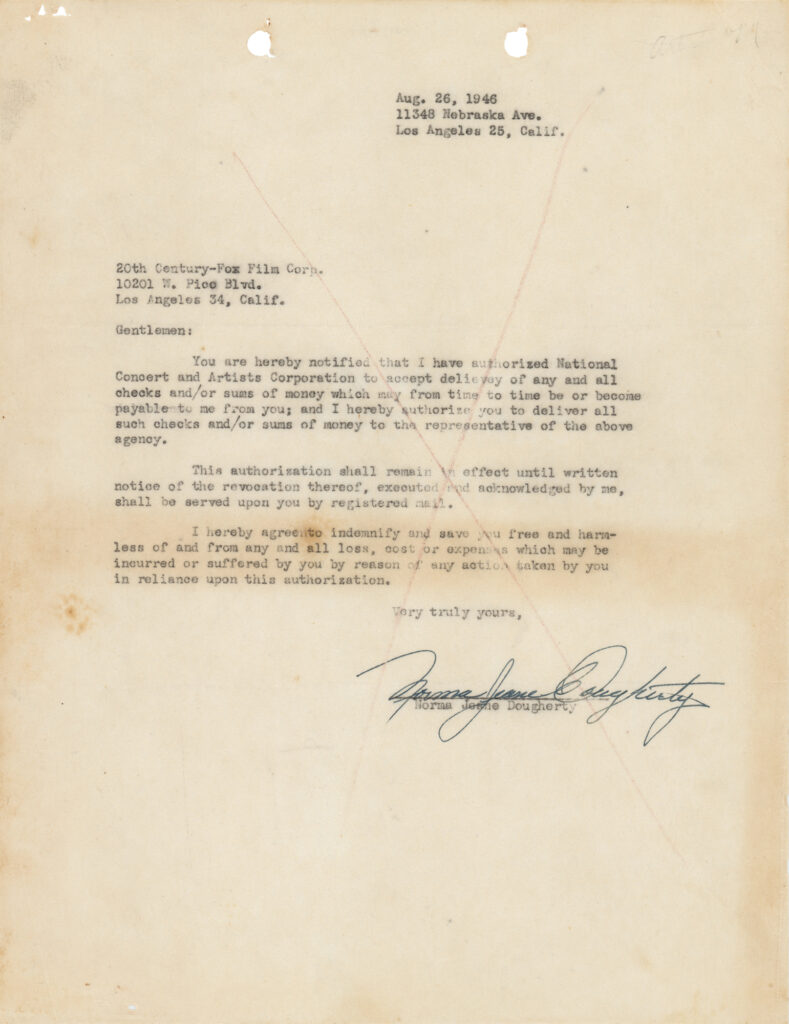 Marilyn Monroe's first studio contract from 20th Century Fox Film Corp. that sold for $8,250.