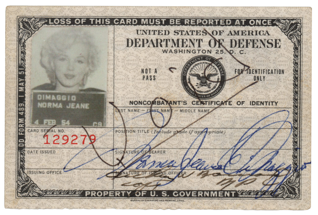 The front side of Monroe's Department of Defense ID Card which sold for $37,500.