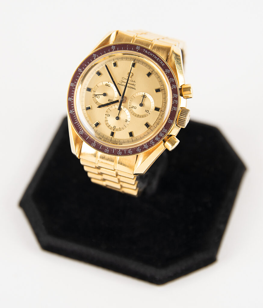 Wally Schirra's 18K gold Omega chronograph originally gifted to him in 1969. With a selling price of $1,906,953, this watch is not only RR Auction's top selling watch, but also the highest selling item of 2022.