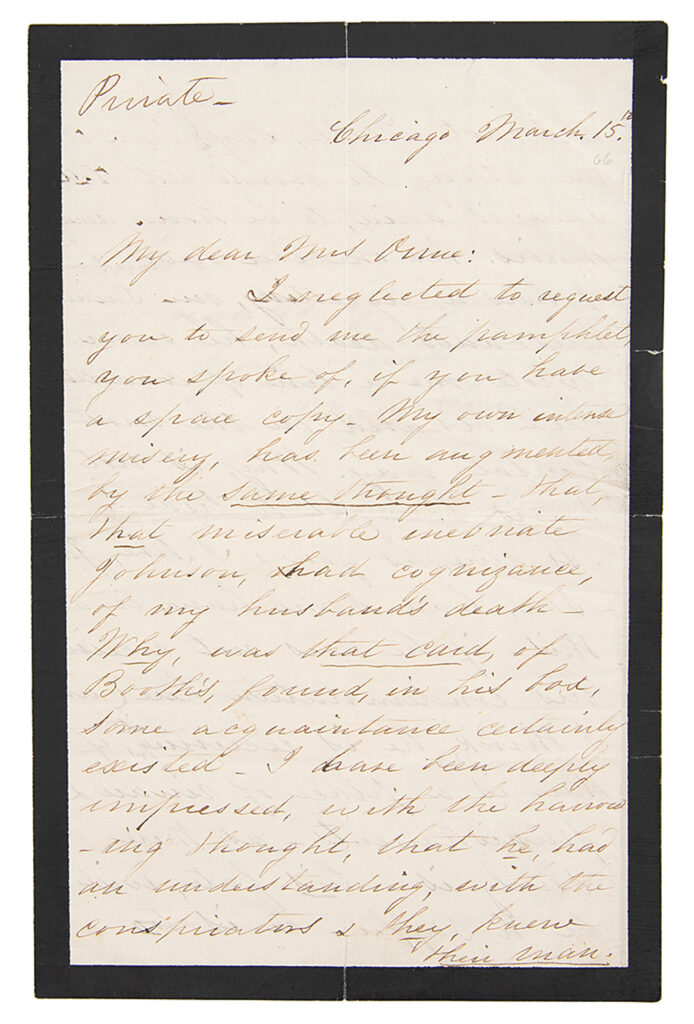 The first page of Mary Todd Lincoln's letter to her friend Sally Orne. This letter is dated March 15th, 1866 and sold at auction for $50,000. 