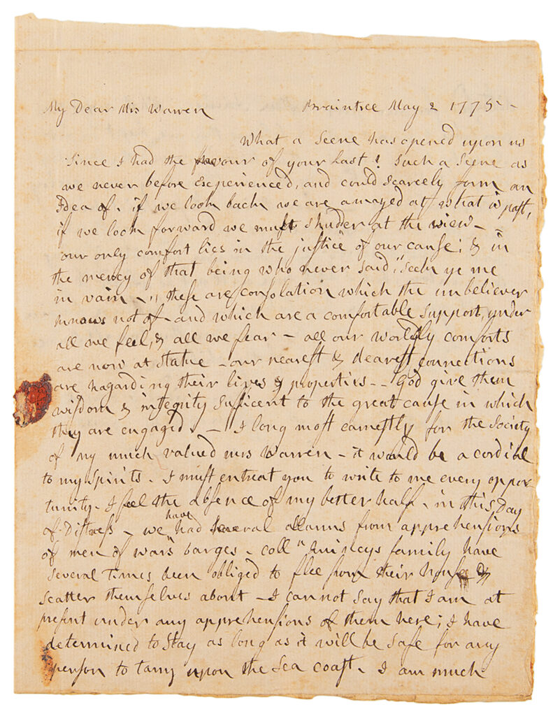 The first side of Abigail Adams' letter to Mercy Otis Wilson. This letter sold at auction for a record-breaking price of $106,998. 