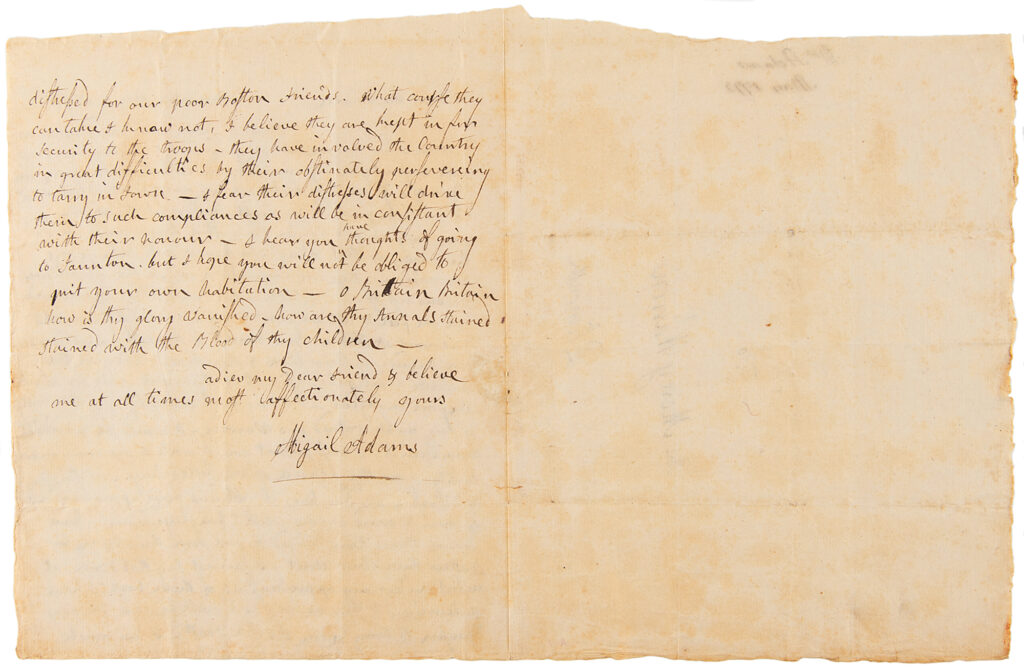 The second side of Abigail Adams' letter, her signature can be seen underlined at the bottom of the left-hand page.