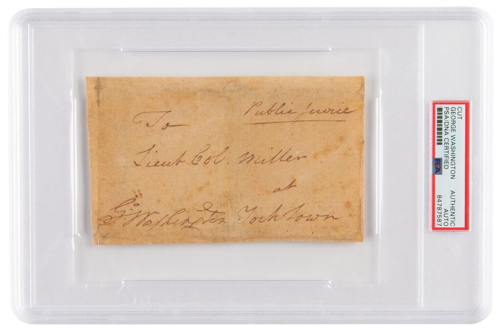 A hand-addressed and free franked panel by George Washington to a lieutenant colonel "at York Town." It sold for $13,589.