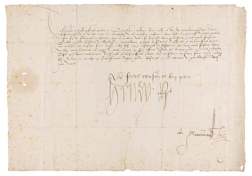 A letter signed by King Henry VII to King Philip of Castile regarding Catherine of Aragon's dowry. King Henry's VII's large sweeping signature is visible in the middle of the page. This historical piece sold for a sum of $27,164.