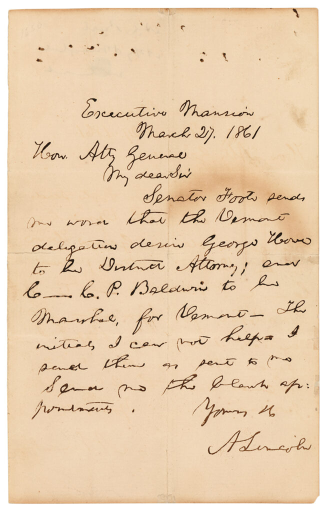 Abraham Lincoln's handwritten and autographed letter to Attorney General Edward Bates which sold for $18,750.