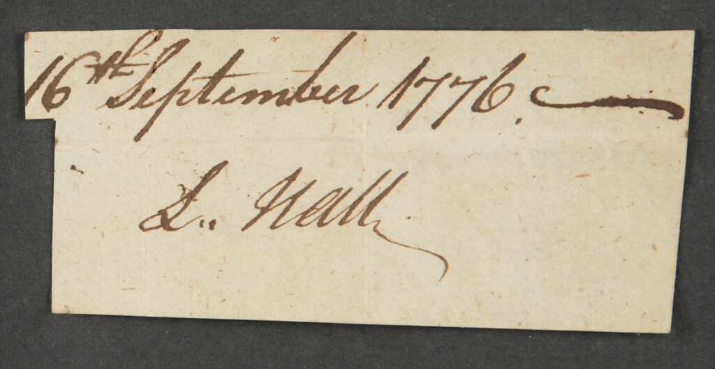 Signature of Declaration of Independence signer Lyman Hall dated the September 16th, 1776. This incredibly rare signature sold for $$13,589 at auction.