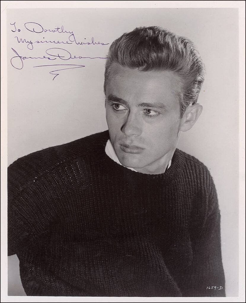 A signed portrait of Dean as the defiant Jim Stark in Rebel Without a Cause with an inscription that reads, "To Dorothy, My sincere wishes, James Dean."