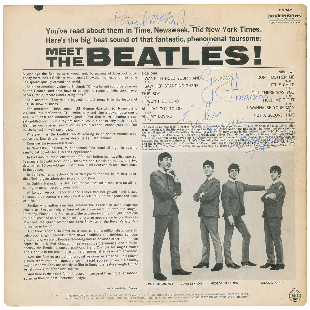 This US-issued Beatles album was given to the doctor that treated guitarist George Harrison's sore throat before their history-making performance on the Ed Sullivan Show. The album is fully signed by all four members in blue ballpoint.