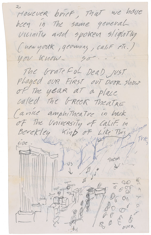 The third page of Garcia's letter featuring his sketch of Grateful at the Greek Theatre.