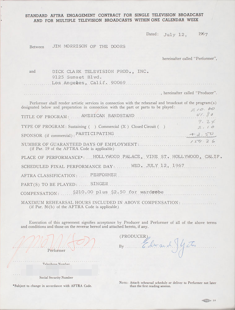 This contract marks The Doors national television debut on American Bandstand in 1967. This landmark document is signed at the conclusion by Morrison and television producer Edward J. Yates.