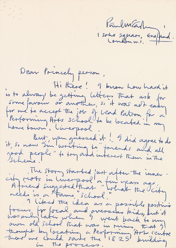 Paul McCartney's handwritten letter to famed musician Prince. In this letter, McCartney kindly requests a donation to his Liverpool Institute for Performing Arts.
