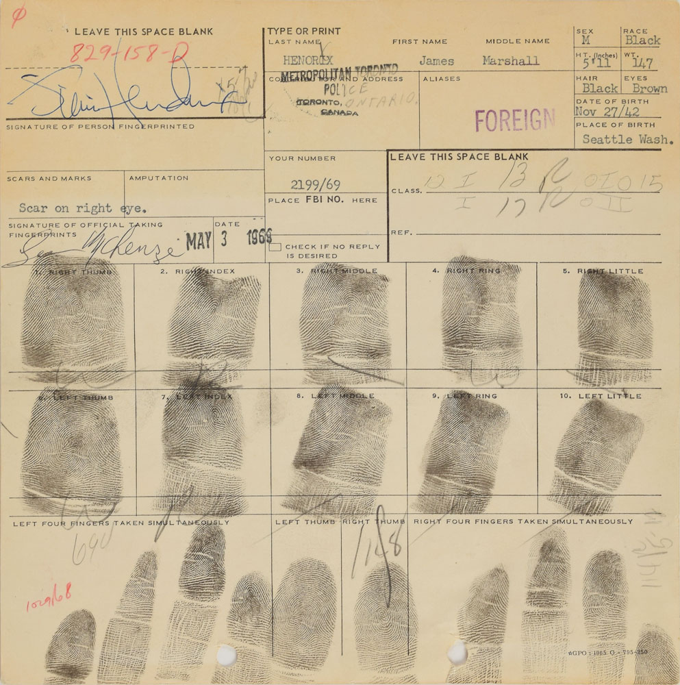 Jimi Hendrix's arrest card displaying his name and fingerprints.