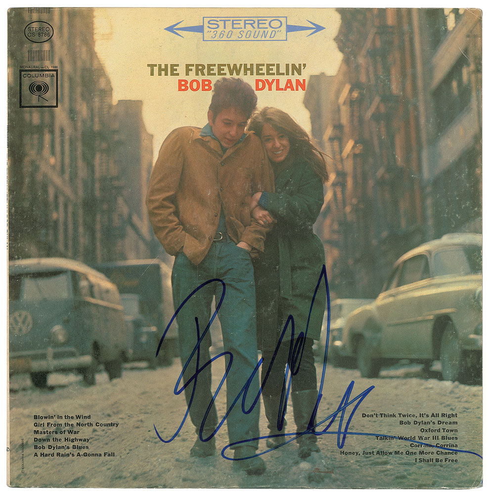 A signed version of Bob Dylan's second studio album Freewheelin.' This album features some of Dylan's greatest hits including 'Blowin' in the Wind', and sold to the winning bidder for $5,505.