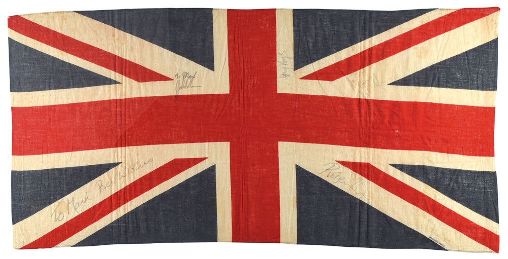 This Union Jack flag displays the signatures of all four of the original members of Led Zeppelin.