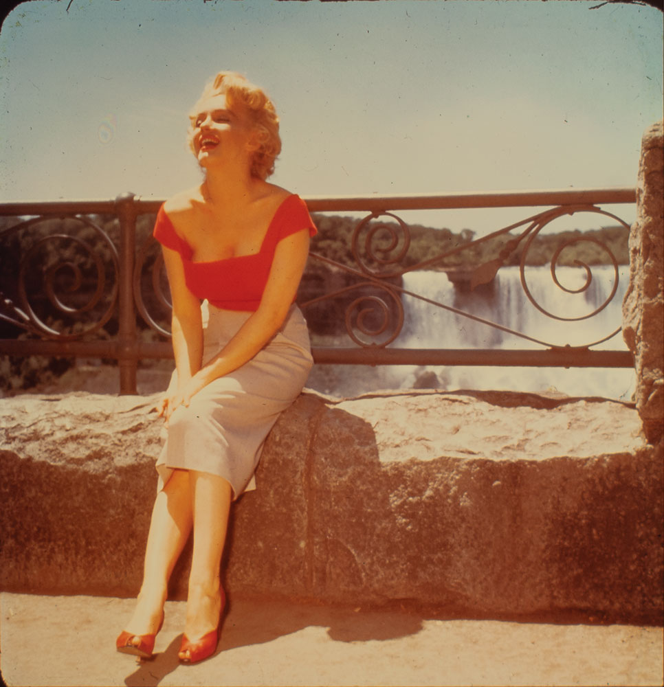 A color positive negative of Monroe posing in front of Niagara Falls during filming for 1953's Niagara.