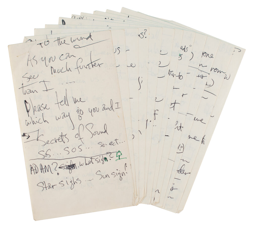 Jimi Hendrix's handwritten lyrics to his unreleased song 'To the Wind.'