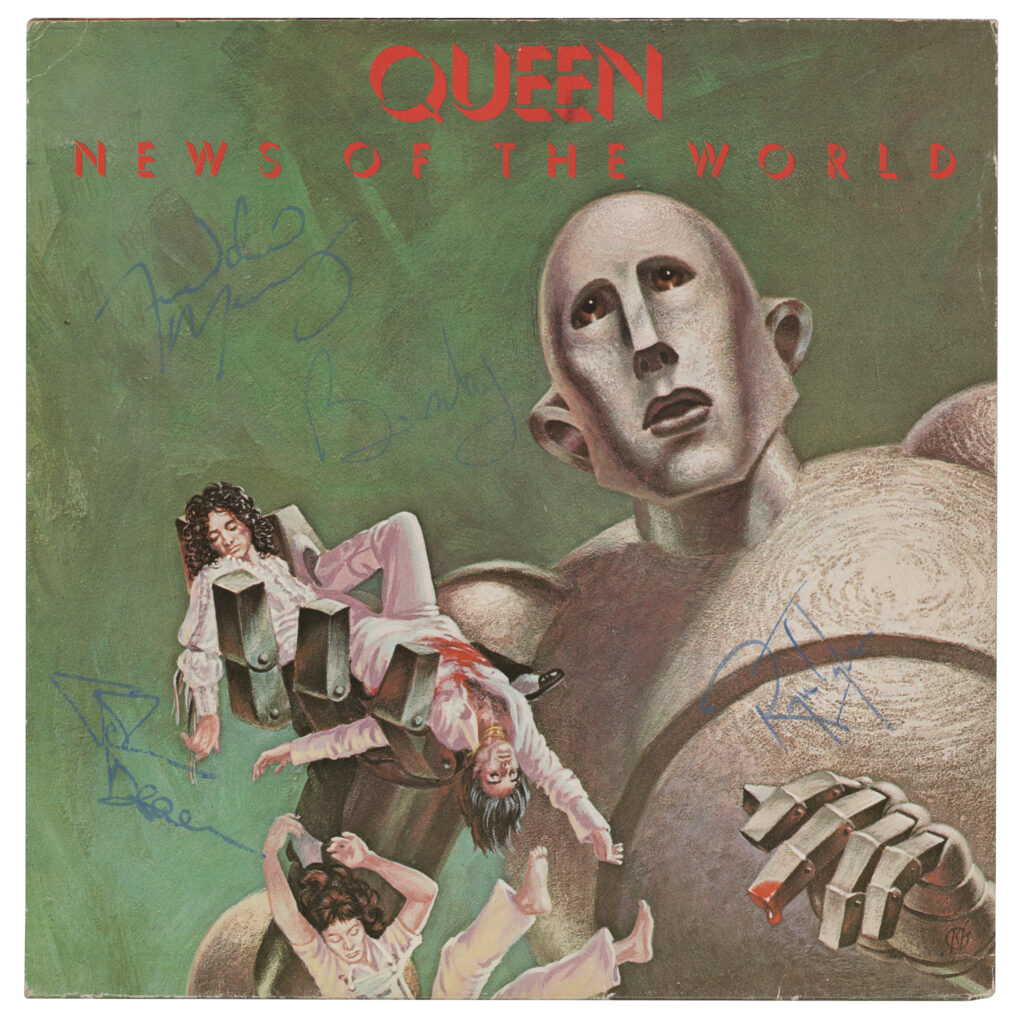 The cover art for this album was painted by sci-fi artist Frank Kelly Freas. Freas altered the painting for Queen's album, depicting the robot holding the bodies of Brian May and Freddie Mercury with John Deacon falling. This spooky sci-fi album sold for $23,010.