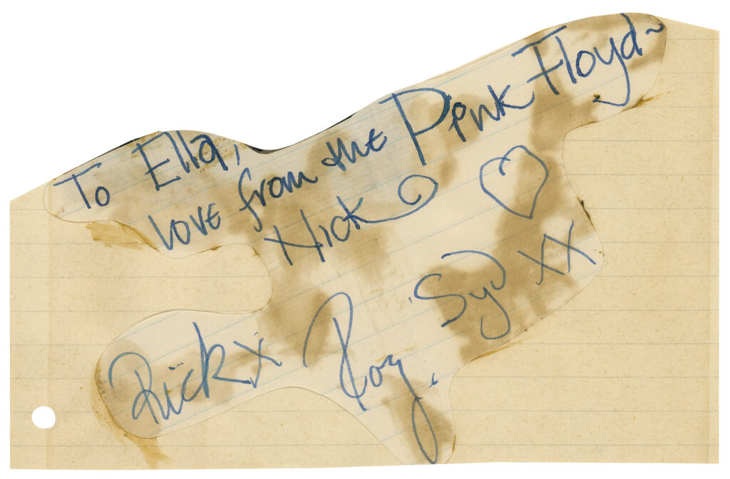 This sheet of lined paper features signatures from the original line-up of Pink Floyd including Nick Mason, Rick Wright, Syd Barrett, and Roger Waters. It sold for $3,025.