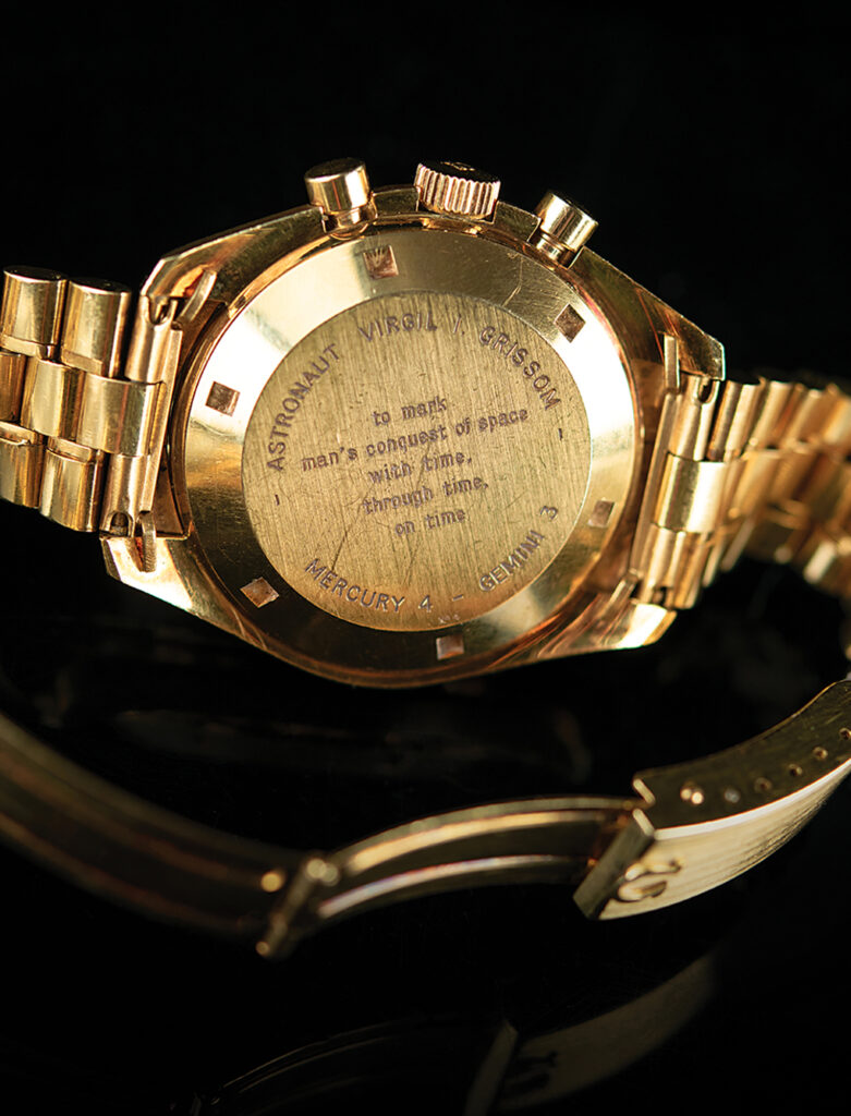 This watch’s case back, issued as “No. 4,” is encircled, “Astronaut Virgil I. Grissom, Mercury 4 - Gemini 3.” The special central quote reads: “To mark man’s conquest of space with time, through time, on time.”
