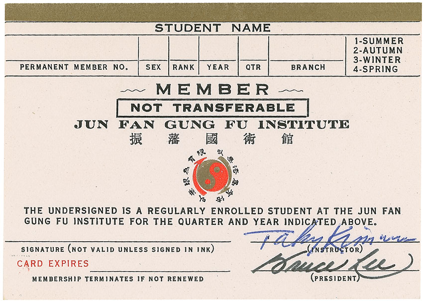 A 'gold stripe' card issued to one of Lee's students, Taky Kimura.