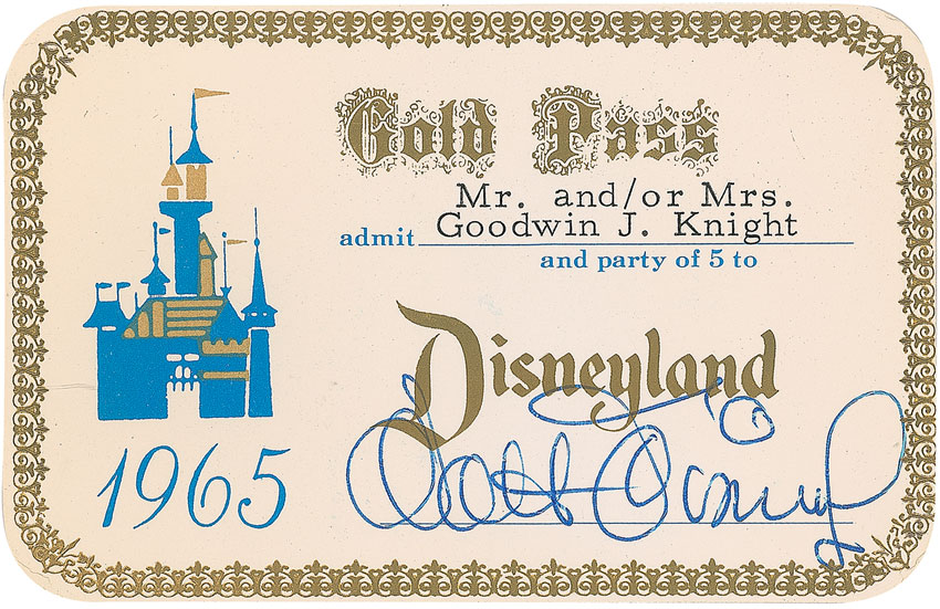 This unused 1965 Disneyland gold pass featuring an emblem of Sleeping Beauty's castle sold for $13,670 at RR Auction.