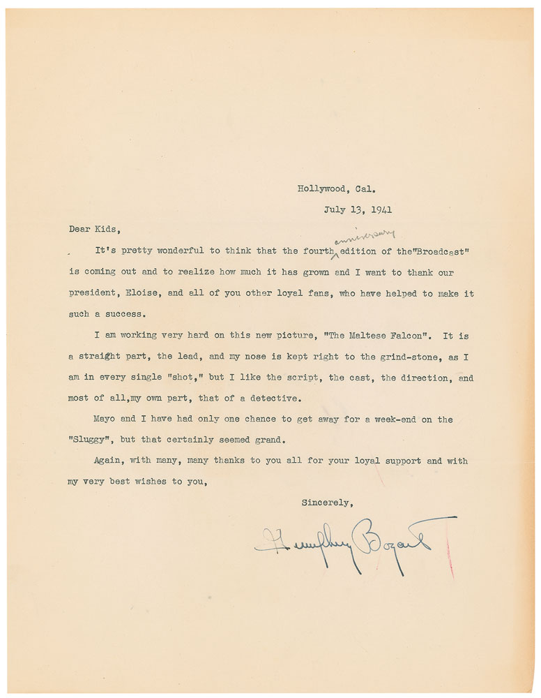 A typed letter from Bogart addressed to his fan club members dated July 13, 1941. Bogart's handwritten signature is visible at the bottom.