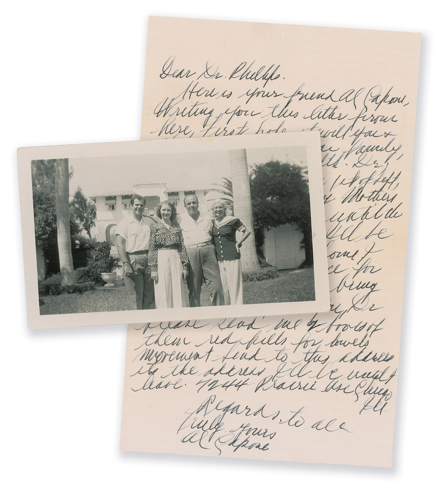 An Al Capone archive containing documents, a letter, and photograph originating from Capone's doctor.
