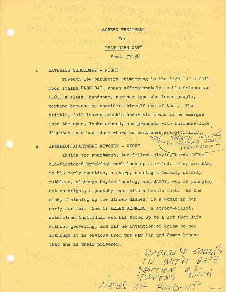 A page from the screen treatment of That Darn Cat featuring Walt's handwritten annotations. This lot sold for $21,670 at RR Auction.