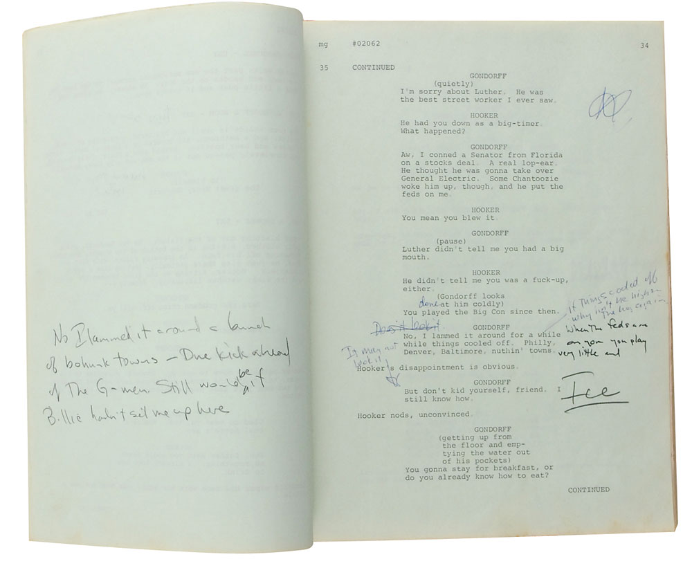 Newman's hand annotated script for The Sting complete with Newman's notes such as questions about the plot, personal blocking directions, and criticisms about the dialogue.