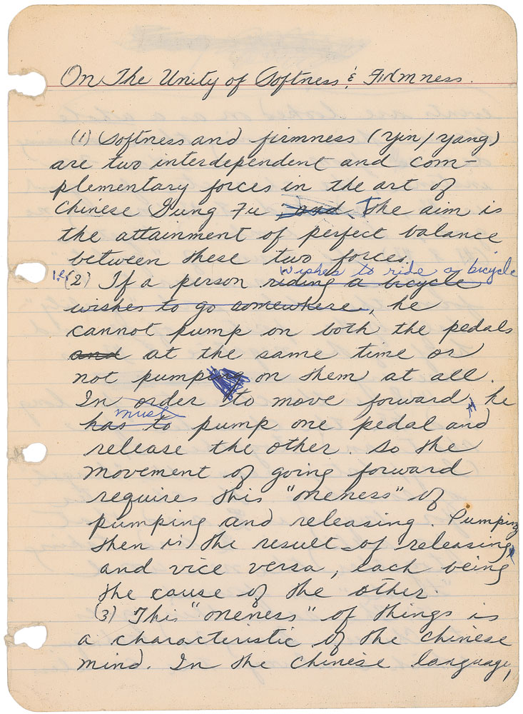 Lee's handwritten manuscript on the philosophy of martial arts, ideas that were later utilized his development of Jeet Kune Do.
