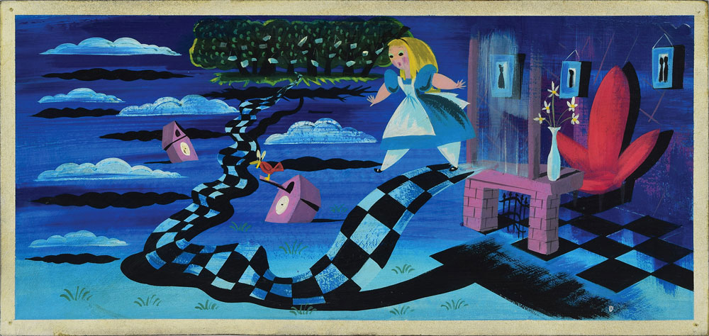 Alice nears the end of the rabbit hole, balancing her way along the checkered path to find the white rabbit. This surreal sold for $14,700 at RR Auction.