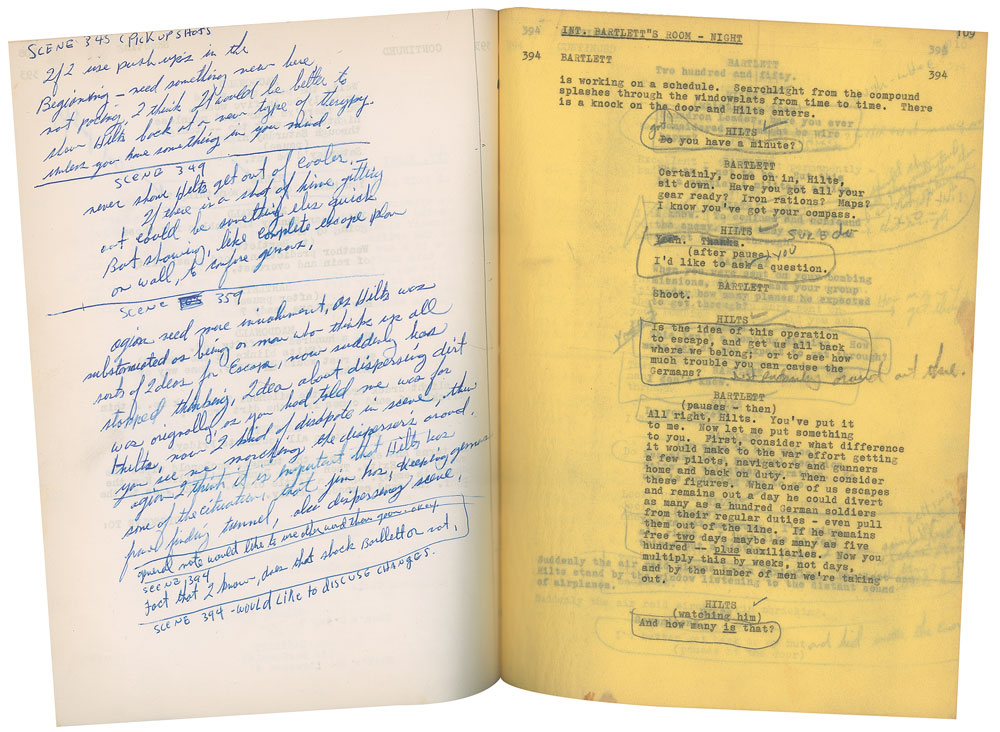 Steve McQueen's annotated script for The Great Escape, featuring some of McQueen's handwritten commentary on different scenes.