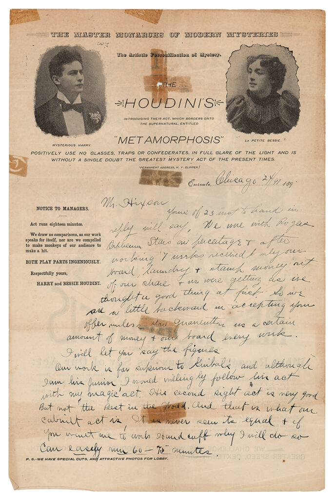 A handwritten letter by Harry Houdini featuring the Houdinis-Metamorphosis letterhead. 