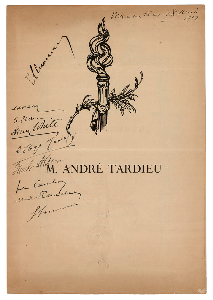 Treaty of Versailles pamphlet signed in ink by several attendees of the treaty's signing.