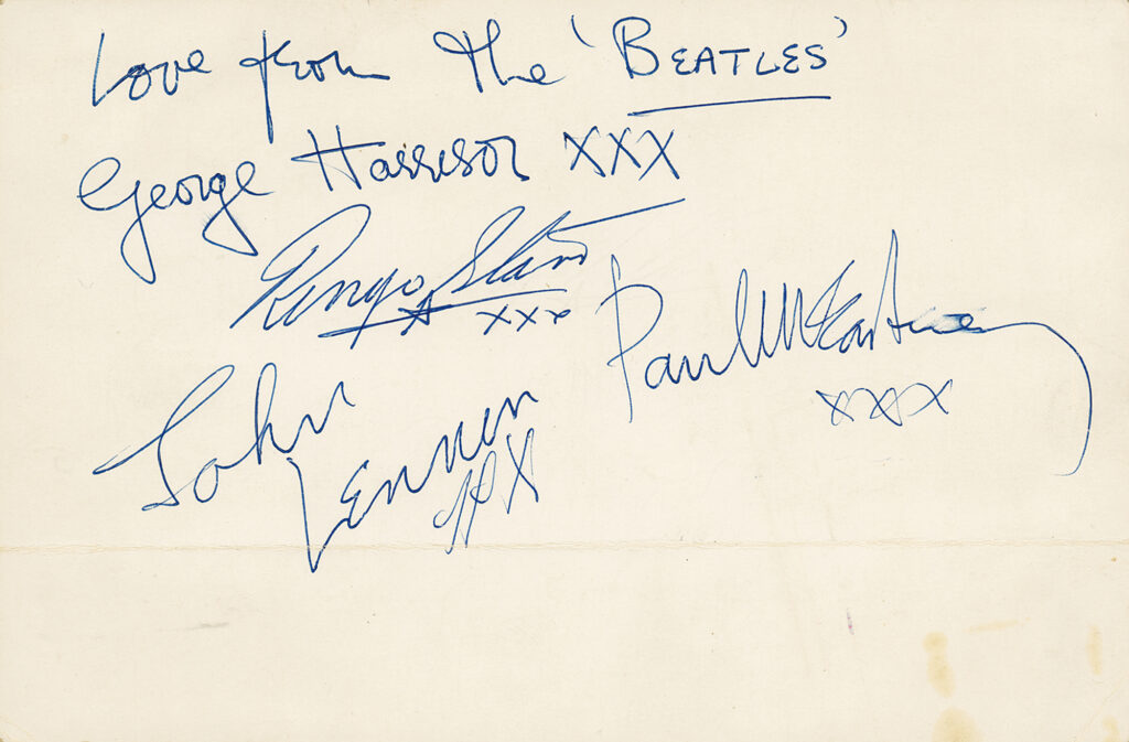 This Beatles signed promo card successfully sold for $19,374.