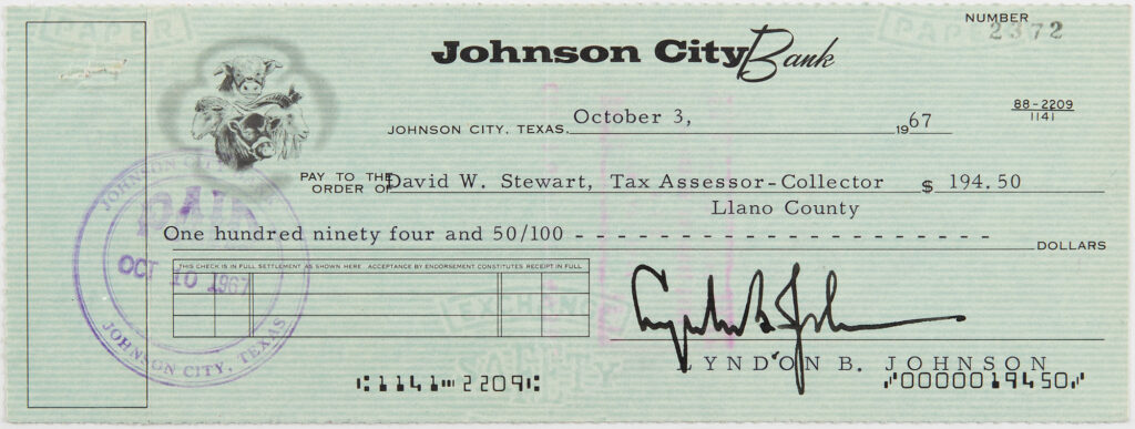 This Lyndon B. Johnson signed check realized $20,000.