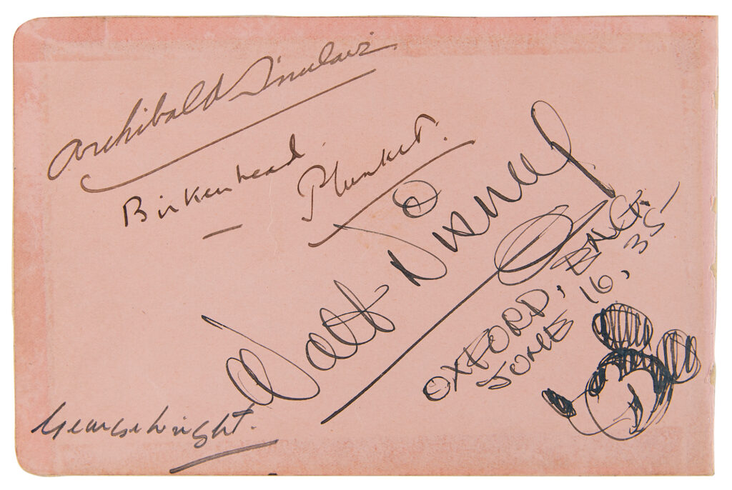 vintage original fountain pen sketch of Mickey Mouse accomplished by Walt Disney on a pink 7.25 x 4.75 album page, prominently signed by the animation icon, "Walt Disney, Oxford, Eng., June 16, 35—." The album leaf is additionally signed by British Liberal Party leader Archibald Sinclair (1890-1970); British peer and Rudyard Kipling biographer Frederick Smith, 2nd Earl of Birkenhead (1907-1975); British peer who died in a plane crash enroute to visit William Randolph Hearst Terence Cunningham Plunket, 6th Baron Plunket (1899-1938); and on the verso, influential English conductor Thomas Beecham (1879-1961); Polish pianist Arthur Rubinstein (1887-1982); British actress Violet Vanbrugh (1867-1942); American harmonica player Larry Adler (1914 -2001); Australian baritone Peter Dawson (1882-1961); English conductor Adrian Boult (1889-1983); and English stage actress Lilian Braithwaite (1873-1948).