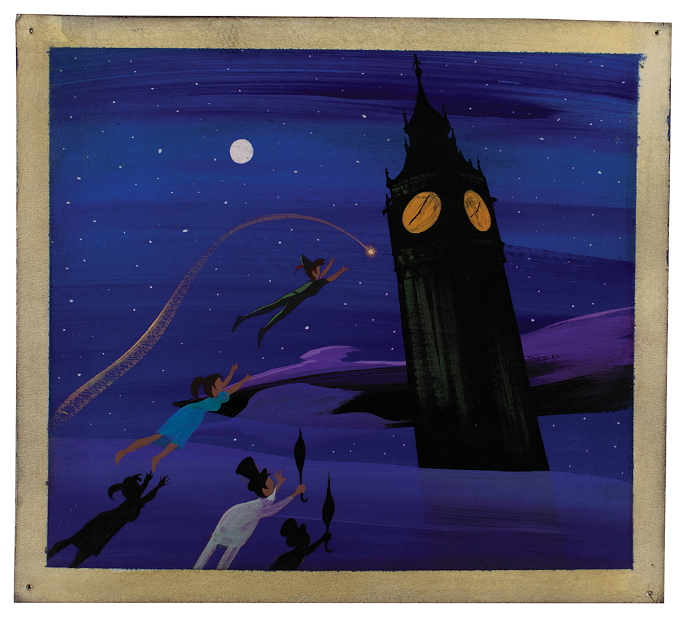 Peter Pan and Tinker Bell giving Wendy and Michael Darling an evening flying lesson with Big Ben towering over the London fog. This concept painting for the iconic film sold for $35,750.