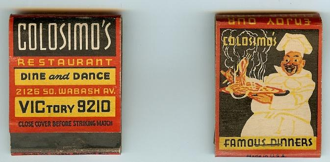 The Front and Back Covers of One Genuine Colosimo’s Matchbook.