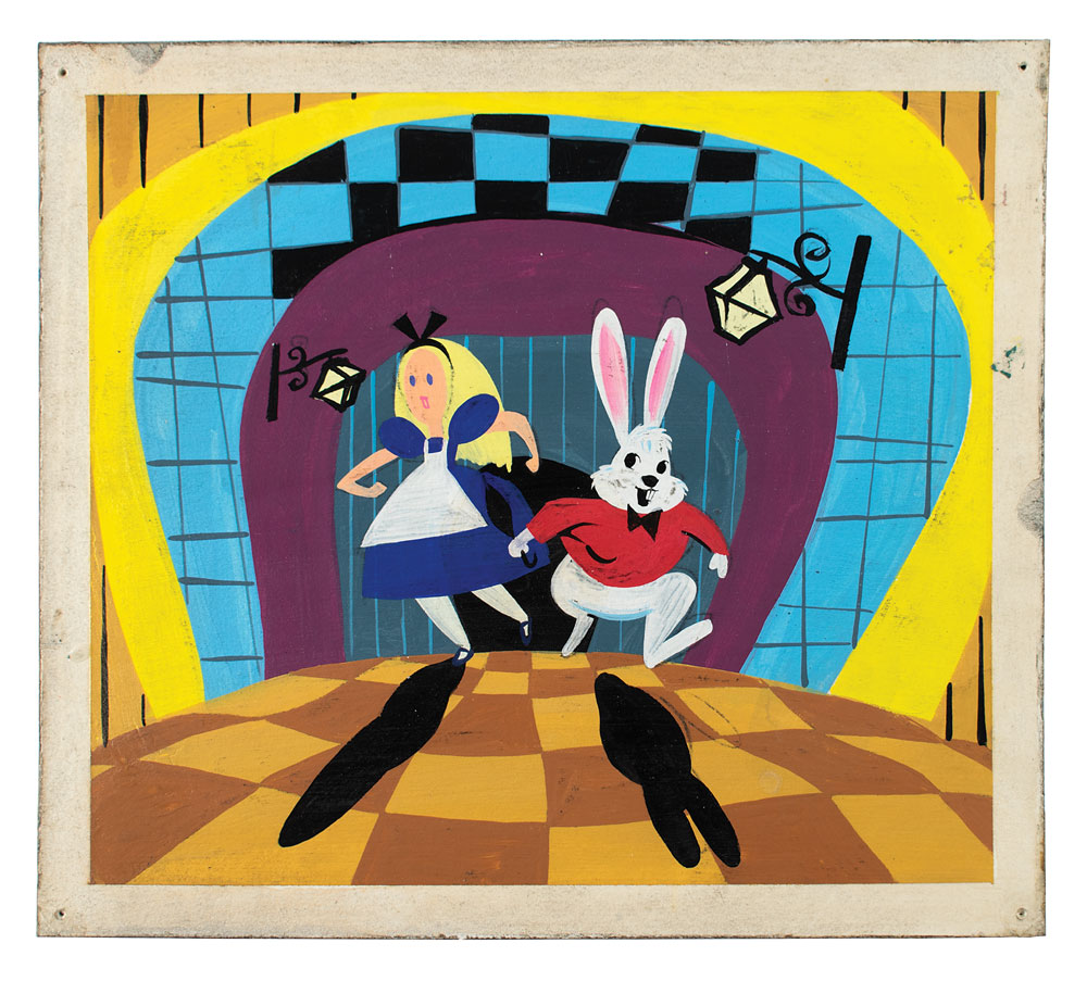 Alice chases the gleeful White Rabbit through a series of pattern-changing rooms. This vividly striking painting sold for $16,618.