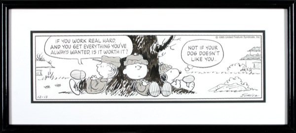 Original Charles Schulz comic strip titled Love Thy Dog featuring Linus Van Pelt, Charlie Brown, and Snoopy. It was quite uncommon for Schulz use a one panel strip for his comics which makes this strip an ultra-rare find. RR Auction sold this lot for $39,703.