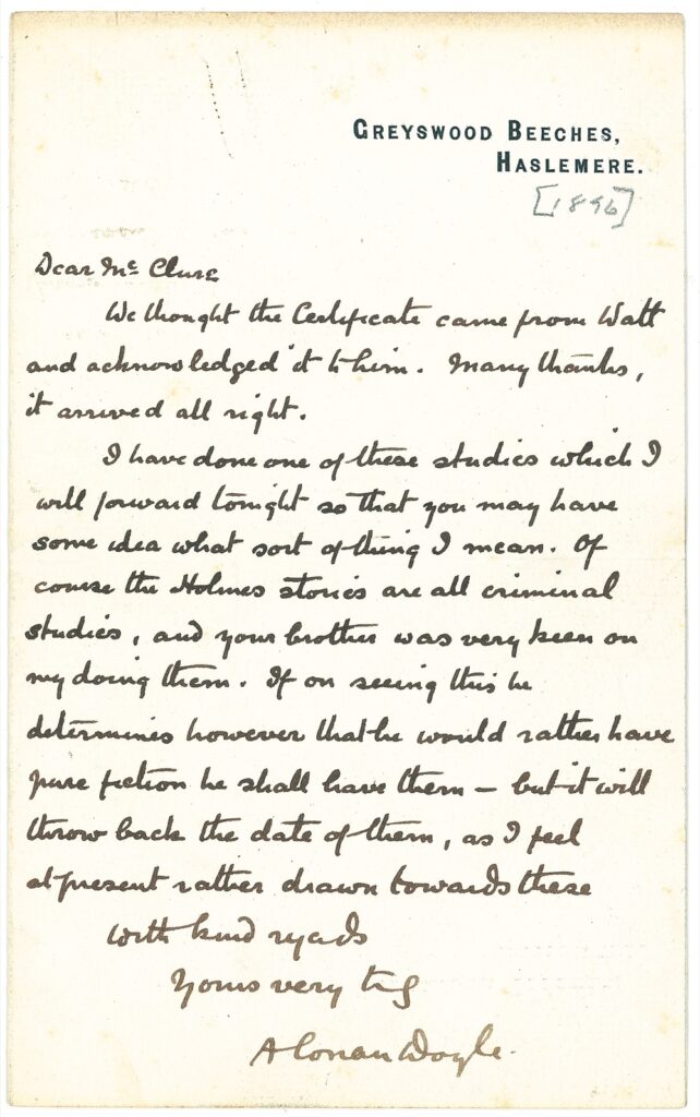 Doyle's letter features a personal letterhead is signed, "A. Conan Doyle."