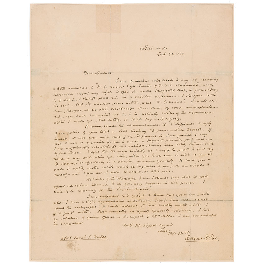 This letter by Poe is dated October 20, 1837, and addressed to "To Mrs. Sarah J. Hale, Boston, Mass." Poe signs off the letter with his sweeping signature.