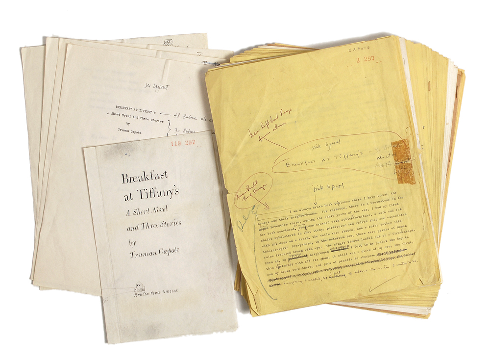 Truman Capote's final manuscript for the classic novella Breakfast at Tiffany's. The 84-page manuscript features edits consisting of simple word changes, re-written sentences, and the novella's title written in Capote's hand on the first page.
