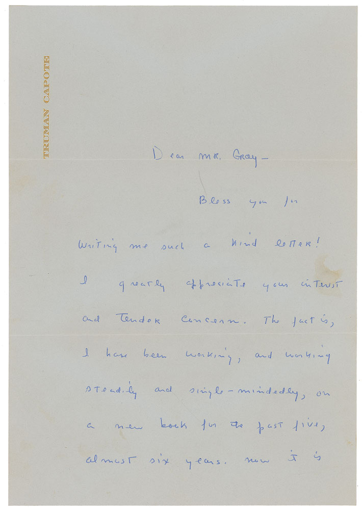 Capote's letter on his most famous literary work, In Cold Blood.
