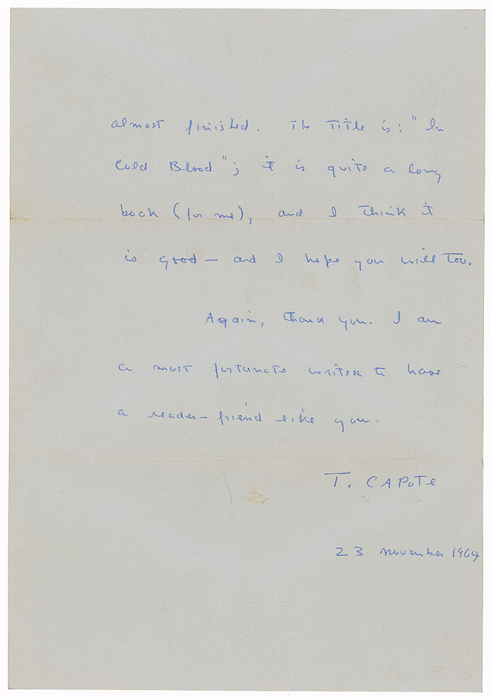 The second page of Capote's letter where he signs, "T. Capote."