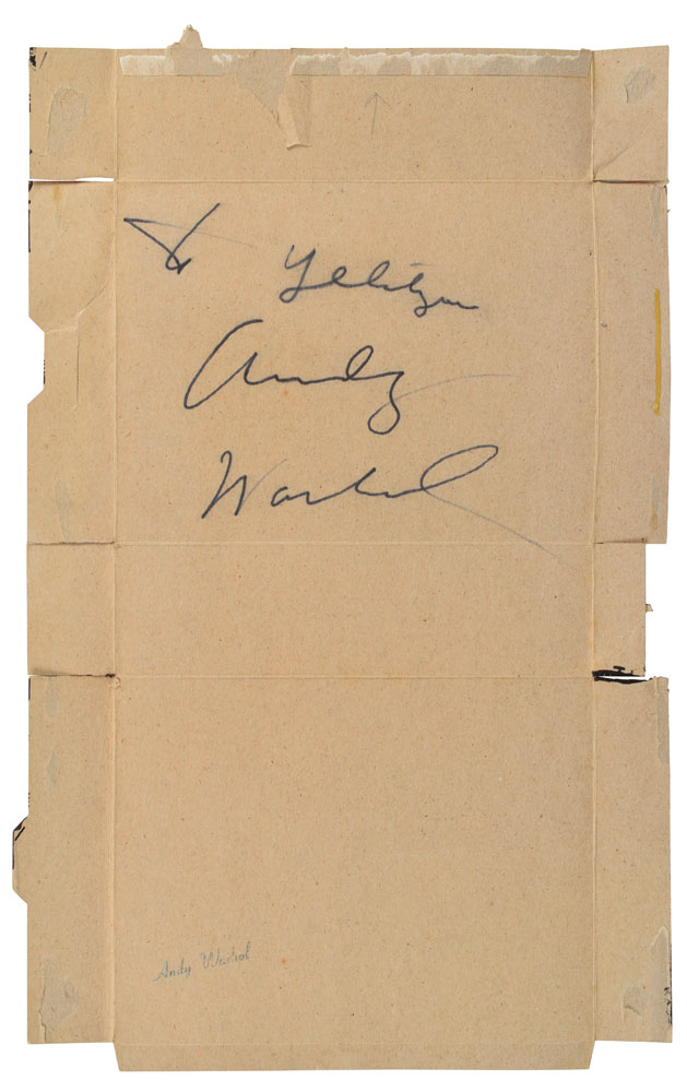 The reverse of the flattened cereal box bears the inscription, "To Yelitza, Andy Warhol."