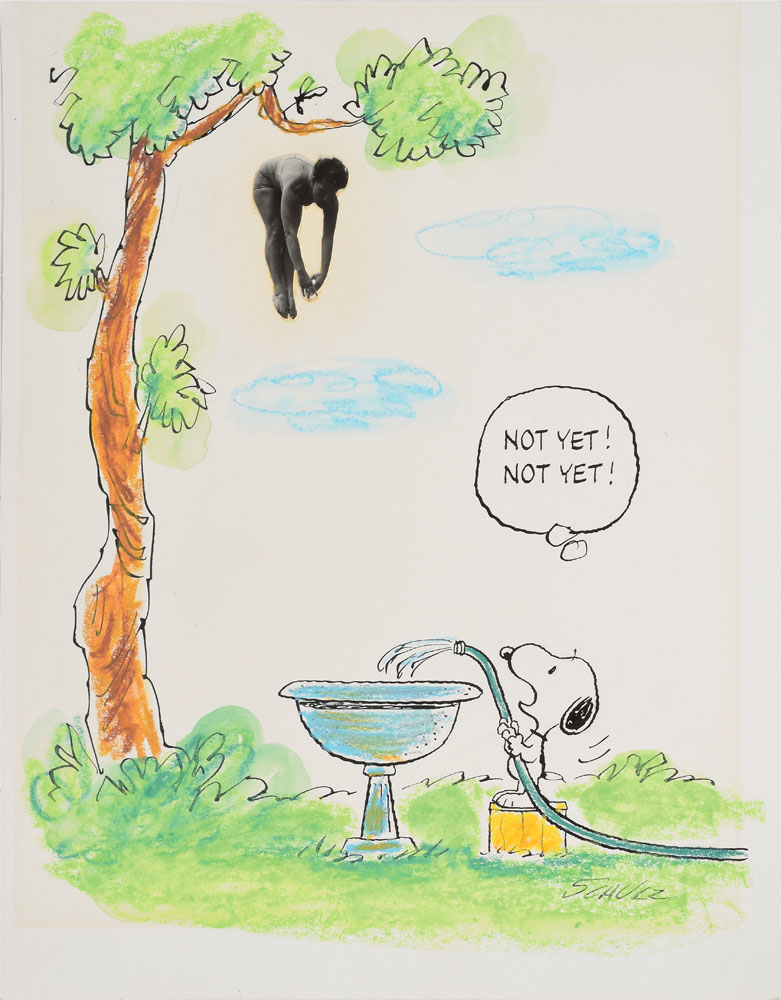 Original Schulz drawing featuring a glossy cutout of Olympic performing a jackknife dive into a bird bath that Snoopy is filling.